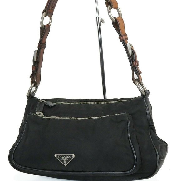 PRADA Milano Black Nylon and Brown Leather Handbag - Picture 1 of 9